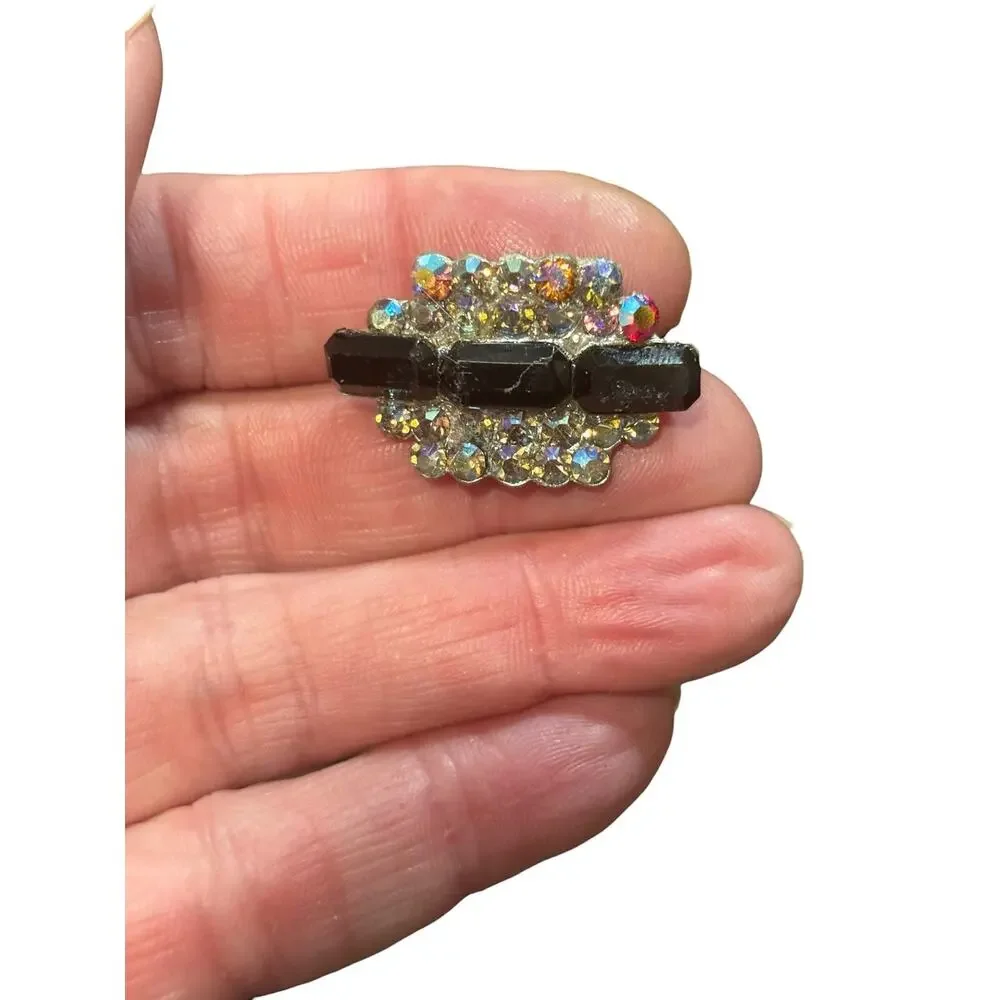 Vintage Aurora Borealis Rhinestone Bar Brooch Black Glass Atomic Mid Century